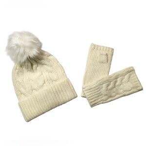 Cable Knit Pom Pom Beanie and Gloves Set